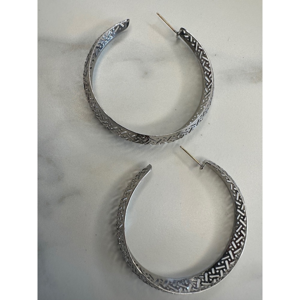 Large Silver Tone Lattice Openwork Hoop Earrings 14K Gold Posts 2" Diameter